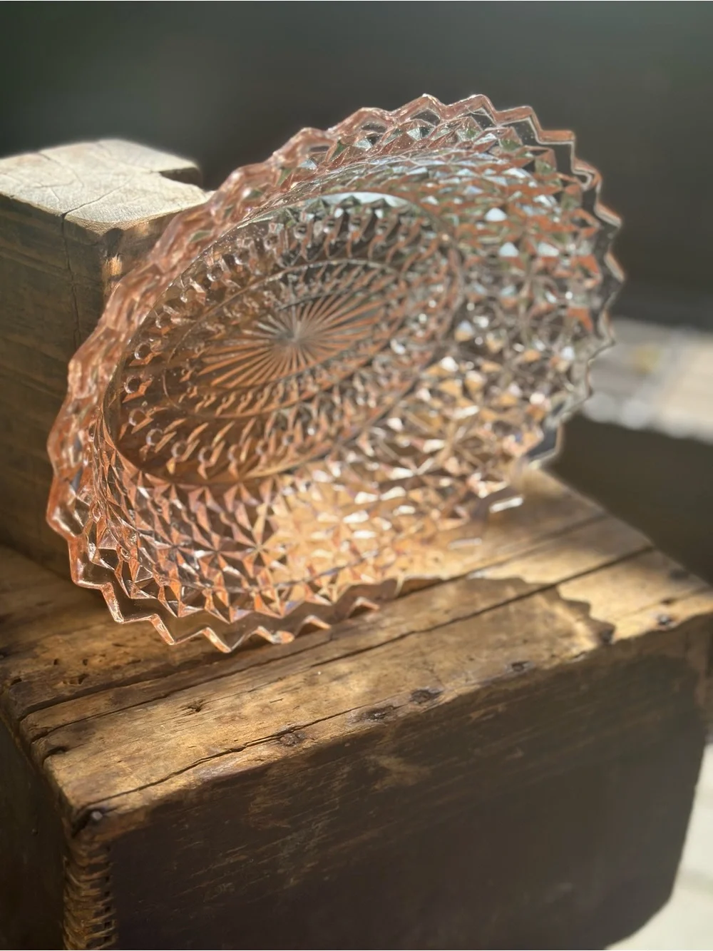 Vintage Pink Pressed Glass Oval Serving Bowl Scalloped Sawtooth Edge